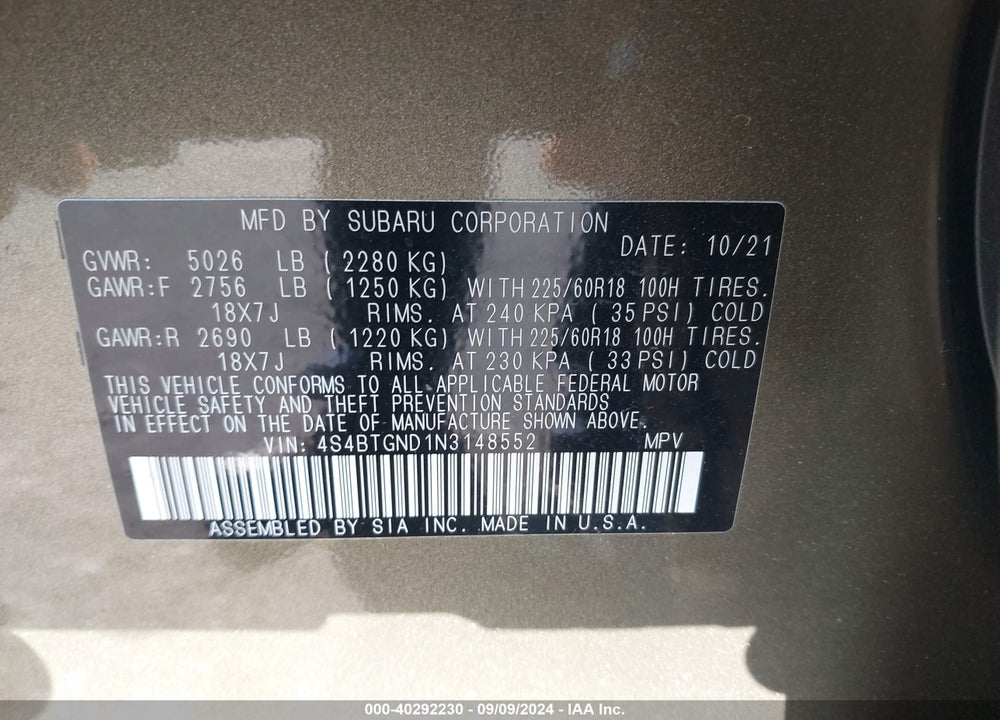 2022 SUBARU OUTBACK LIMITED XT VIN: 4S4BTGND1N3148552