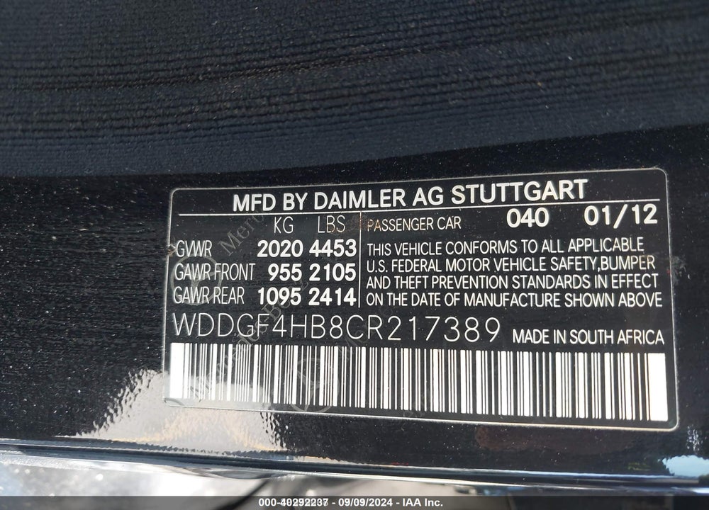 2012 MERCEDES-BENZ C 250 LUXURY/SPORT VIN: WDDGF4HB8CR217389