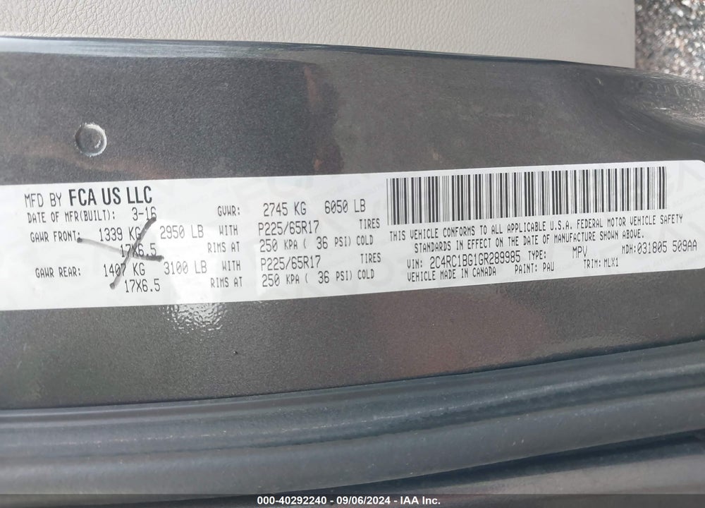 2016 CHRYSLER TOWN & COUNTRY TOURING VIN: 2C4RC1BG1GR289985