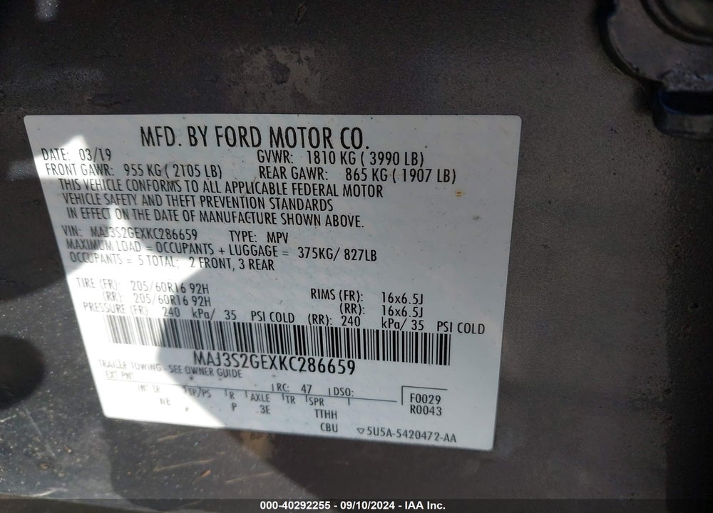 2019 FORD ECOSPORT SE VIN: MAJ3S2GEXKC286659