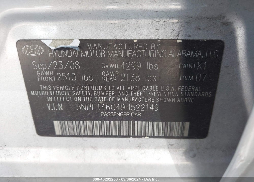 2009 HYUNDAI SONATA GLS VIN: 5NPET46C49H522149