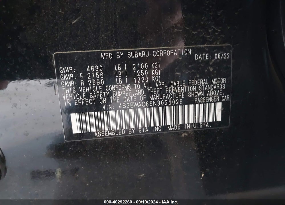 2022 SUBARU LEGACY PREMIUM VIN: 4S3BWAC65N3025026