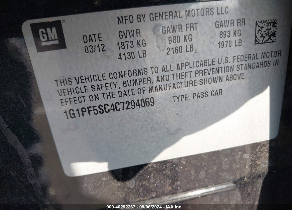 2012 CHEVROLET CRUZE 1LT VIN: 1G1PF5SC4C7294069