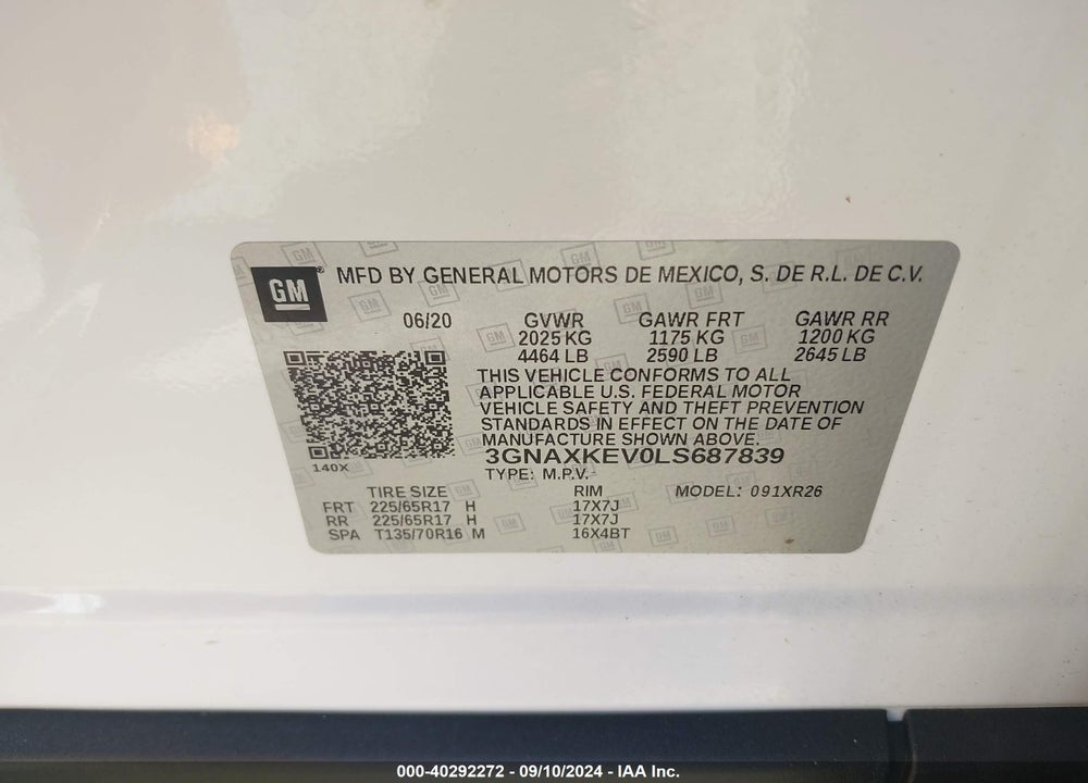 2020 CHEVROLET EQUINOX FWD LT 1.5L TURBO VIN: 3GNAXKEV0LS687839