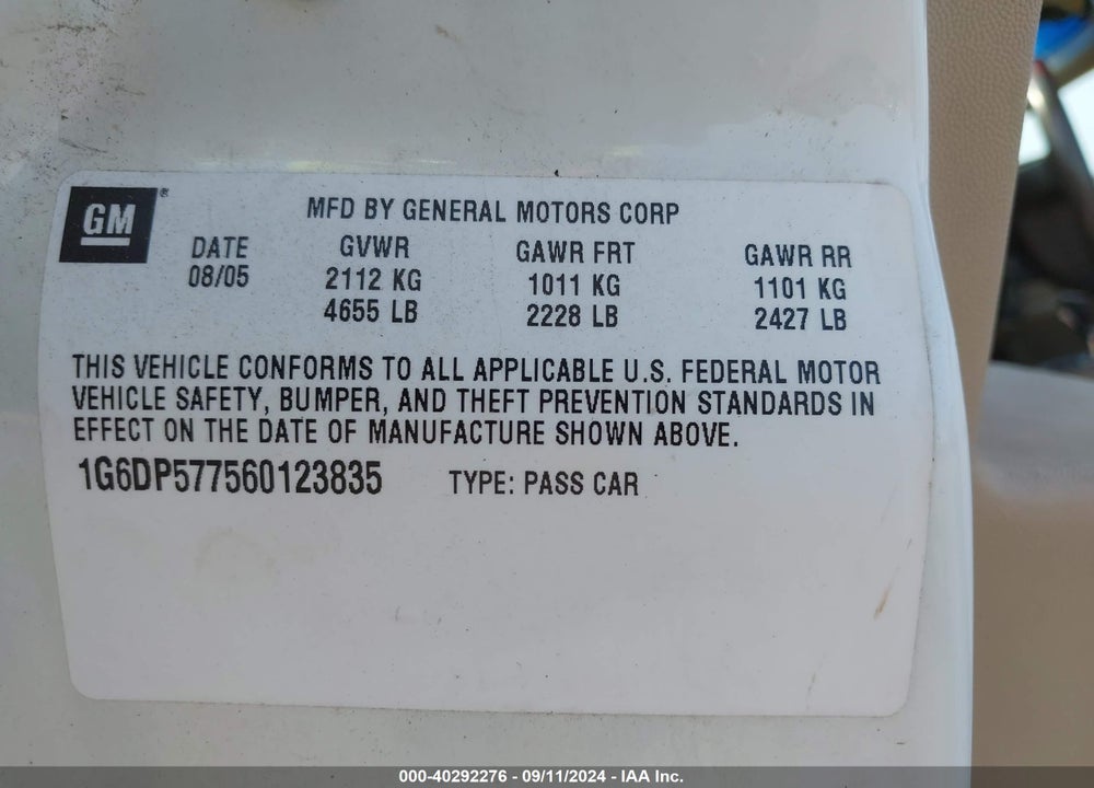 2006 CADILLAC CTS STANDARD VIN: 1G6DP577560123835