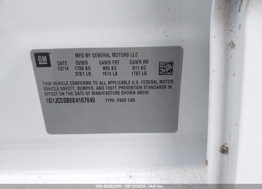 2014 CHEVROLET SONIC LT AUTO VIN: 1G1JC5SB6E4167849