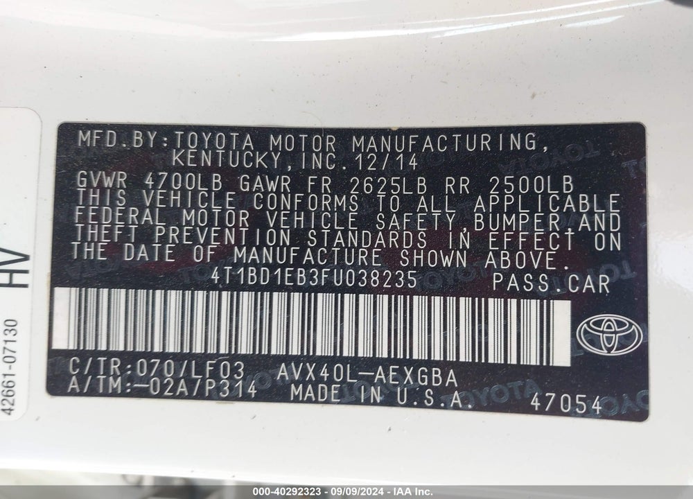 2015 TOYOTA AVALON HYBRID XLE PREMIUM VIN: 4T1BD1EB3FU038235
