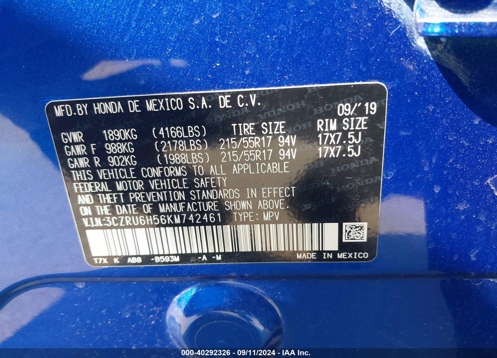2019 HONDA HR-V VIN: 3CZRU6H56KM742461