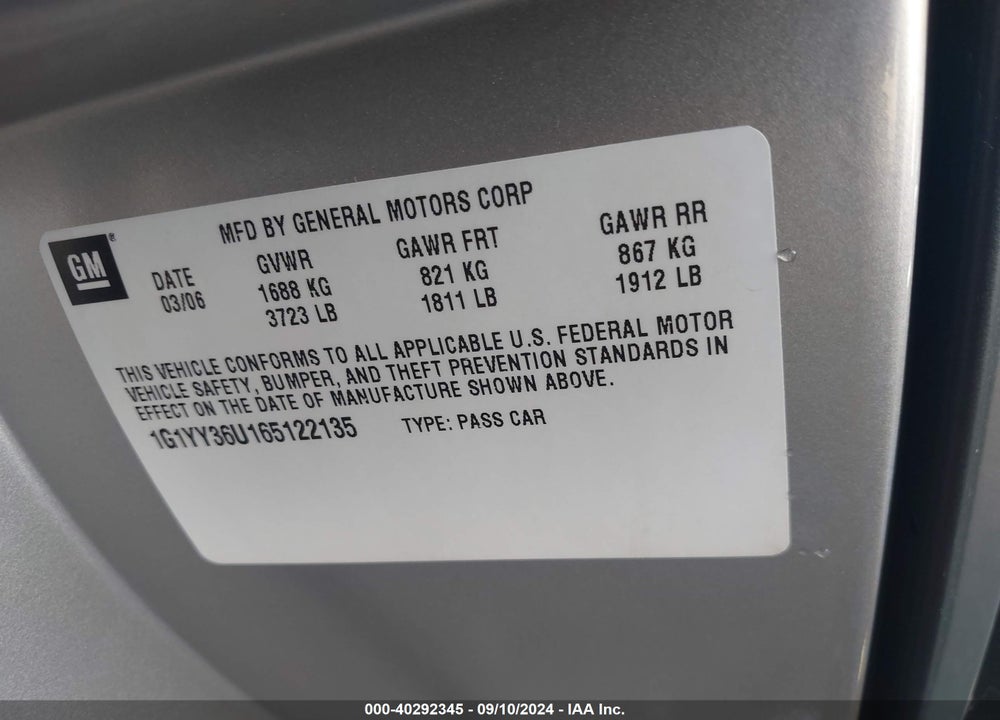 2006 CHEVROLET CORVETTE VIN: 1G1YY36U165122135