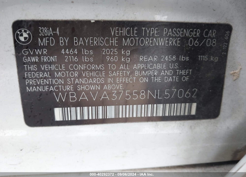2008 BMW 328I VIN: WBAVA37558NL57062