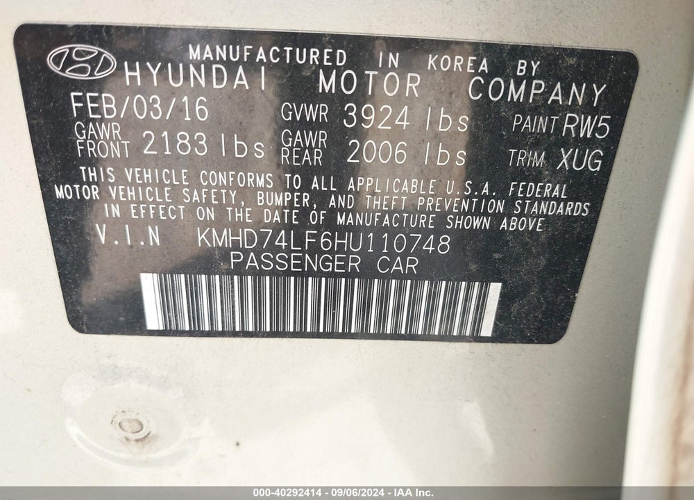 2017 HYUNDAI ELANTRA SE VIN: KMHD74LF6HU110748