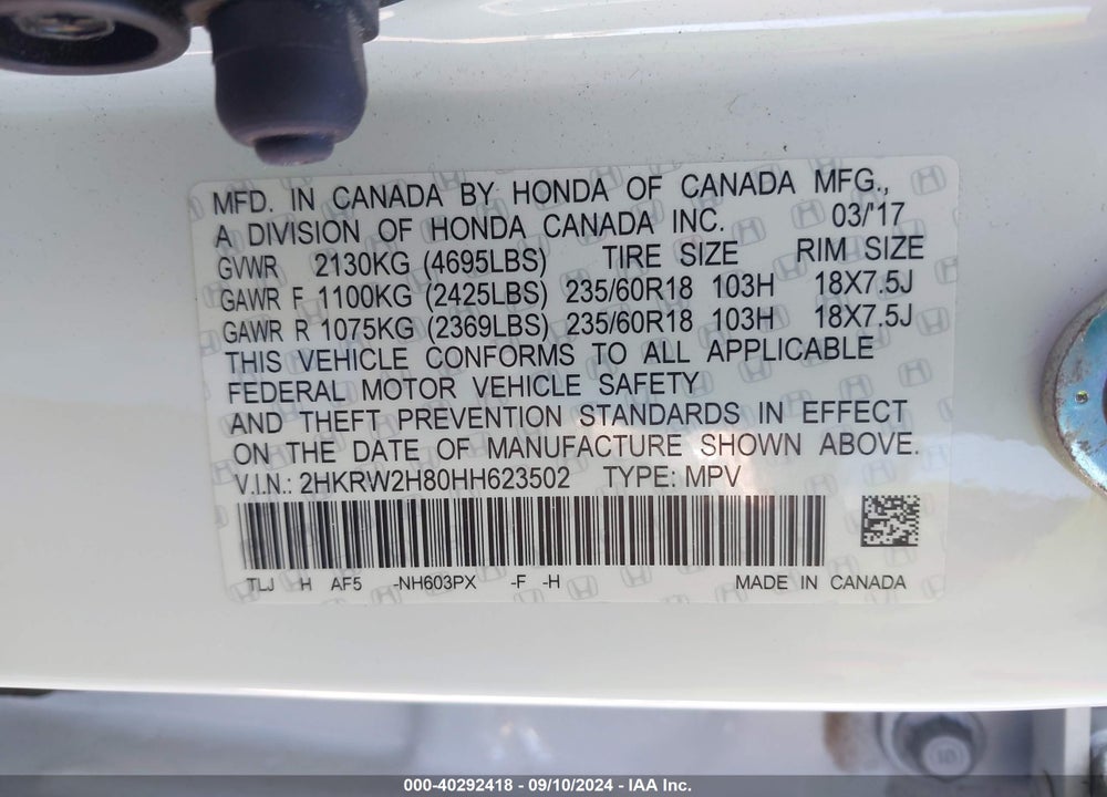 2017 HONDA CR-V EX-L/EX-L NAVI VIN: 2HKRW2H80HH623502