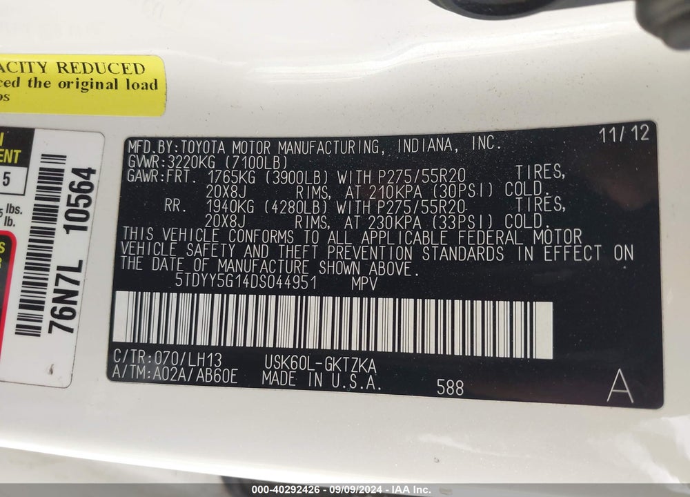 2013 TOYOTA SEQUOIA PLATINUM 5.7L V8 VIN: 5TDYY5G14DS044951