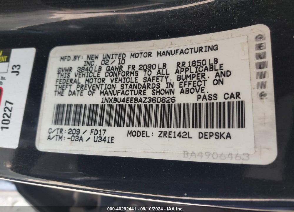 2010 TOYOTA COROLLA S VIN: 1NXBU4EE8AZ360826