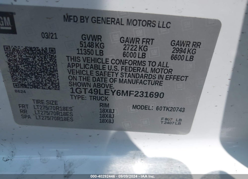 2021 GMC SIERRA 2500HD 4WD STANDARD BED VIN: 1GT49LEY6MF231690