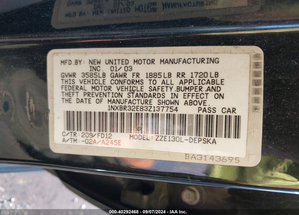 2003 TOYOTA COROLLA S VIN: 1NXBR32E83Z137754