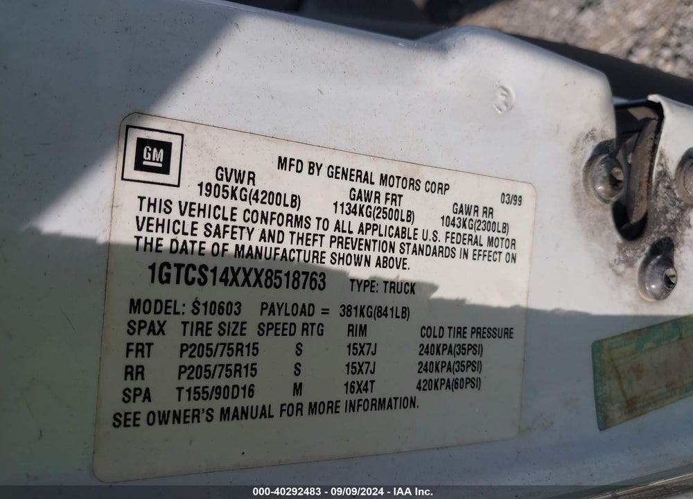 1999 GMC SONOMA SLS VIN: 1GTCS14XXX8518763