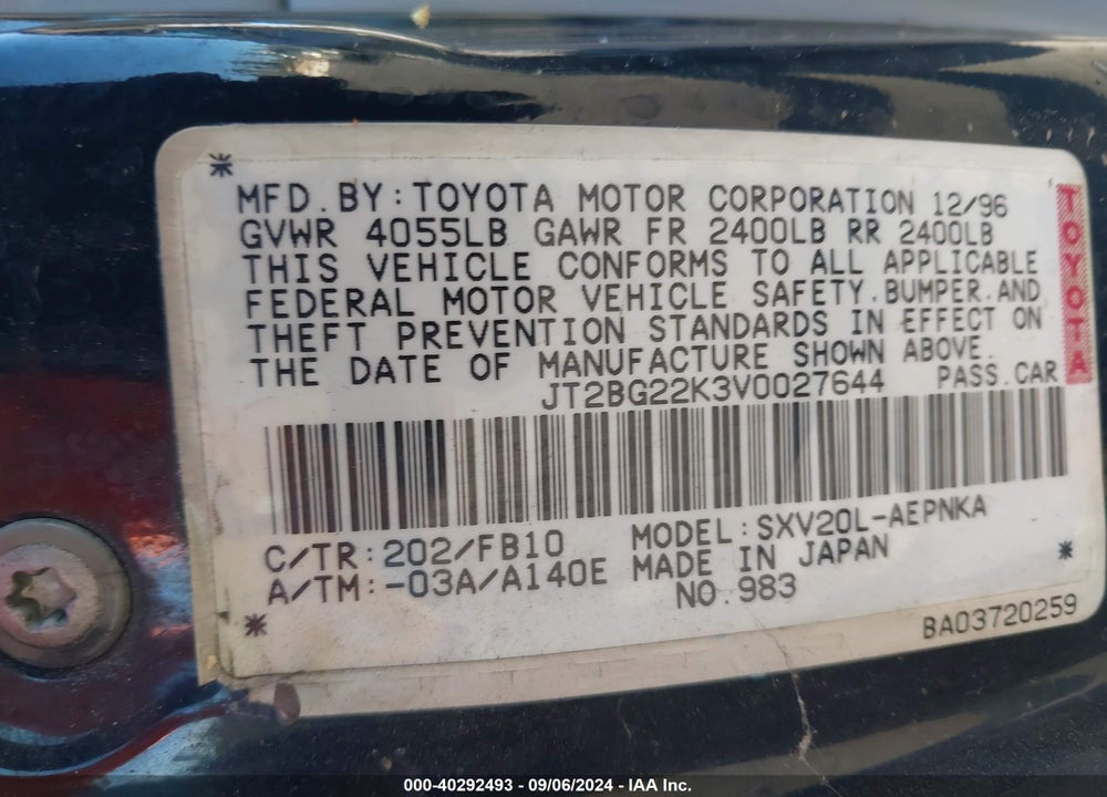 1997 TOYOTA CAMRY LE VIN: JT2BG22K3V0027644