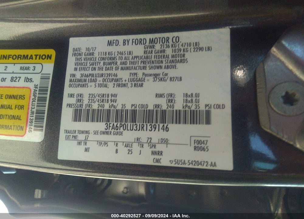 2018 FORD FUSION HYBRID SE VIN: 3FA6P0LU3JR139146