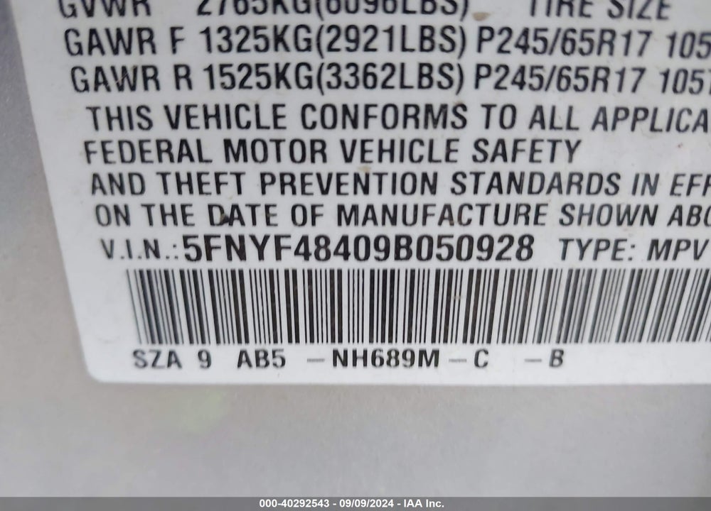 2009 HONDA PILOT EX VIN: 5FNYF48409B050928