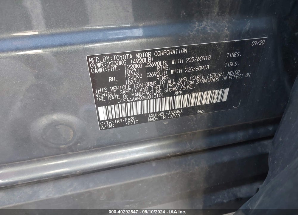 2021 TOYOTA VENZA VIN: JTEAAAAHXMJ012101