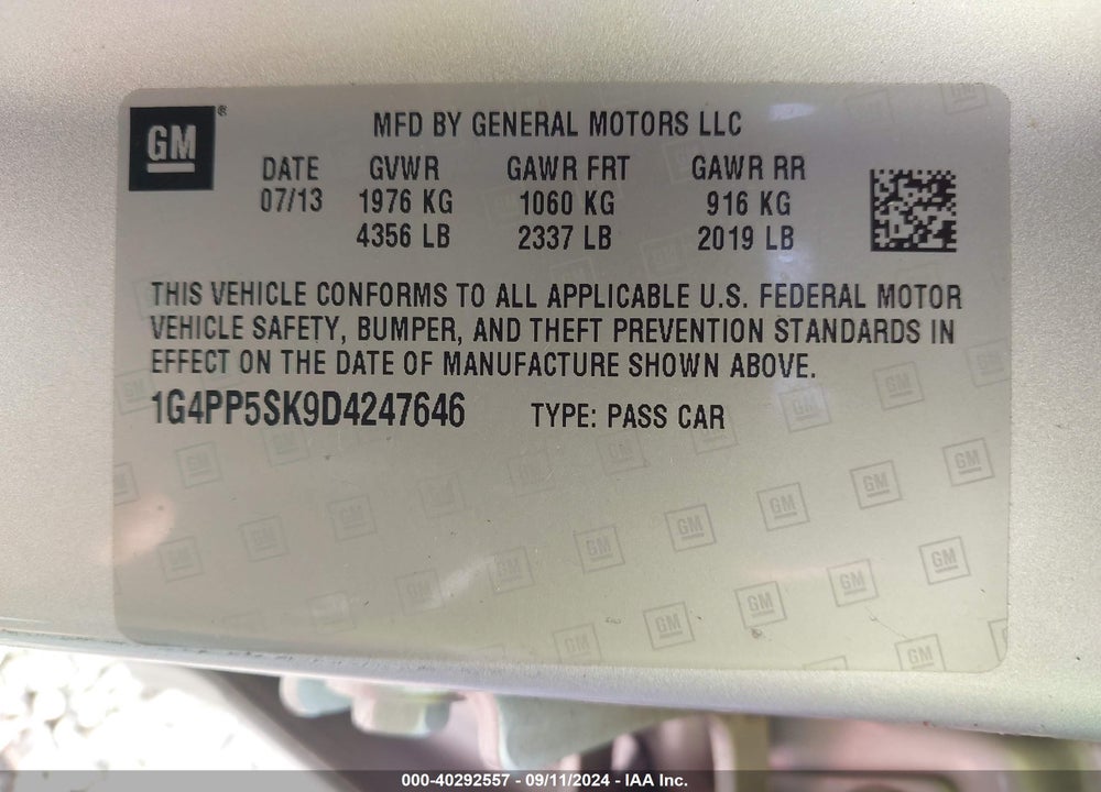 2013 BUICK VERANO VIN: 1G4PP5SK9D4247646