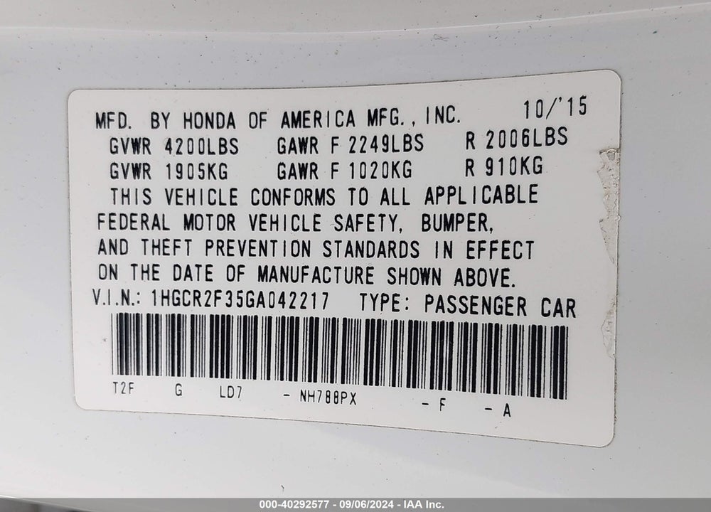 2016 HONDA ACCORD LX VIN: 1HGCR2F35GA042217