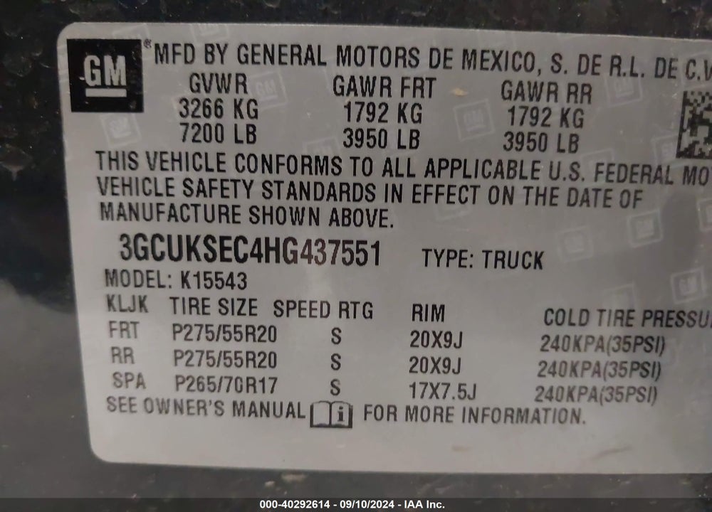 2017 CHEVROLET SILVERADO 1500 1LZ VIN: 3GCUKSEC4HG437551