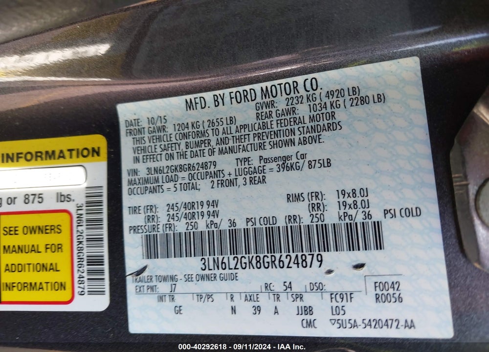 2016 LINCOLN MKZ VIN: 3LN6L2GK8GR624879