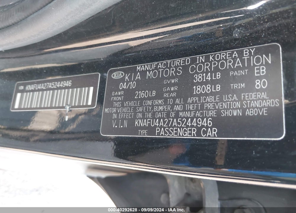 2010 KIA FORTE EX VIN: KNAFU4A27A5244946