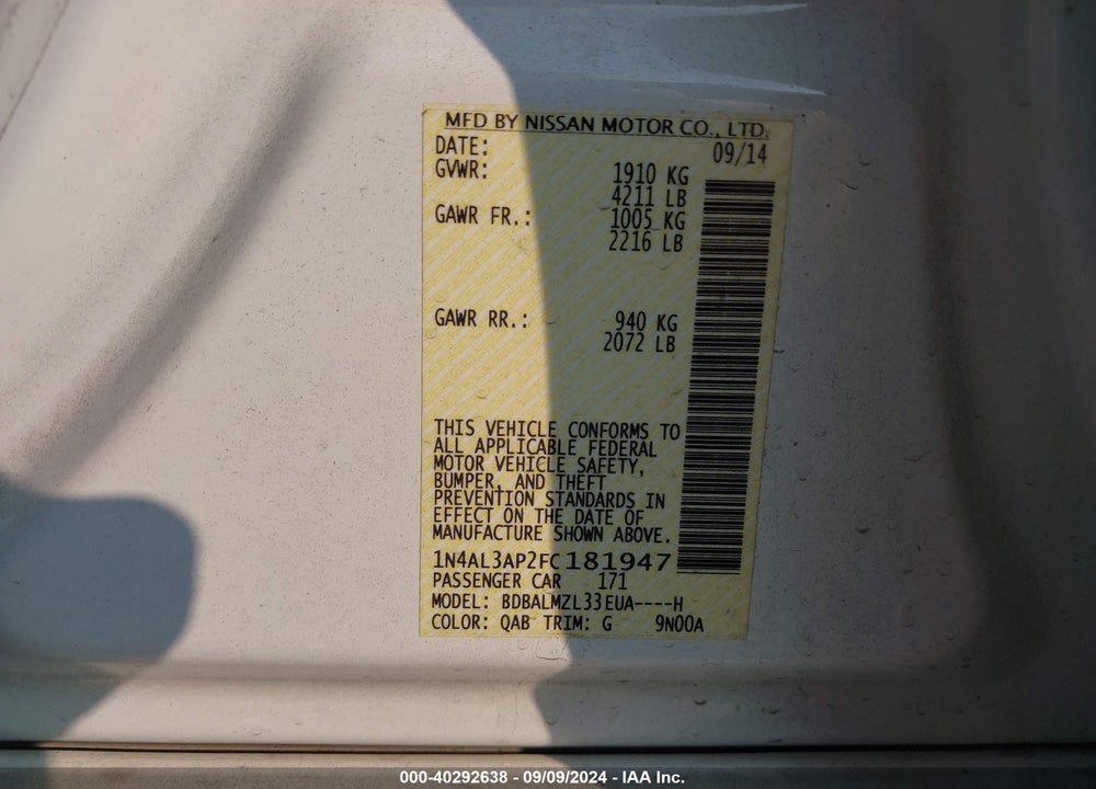 2015 NISSAN ALTIMA 2.5 SV VIN: 1N4AL3AP2FC181947