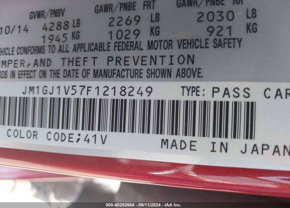 2015 MAZDA 6 I TOURING VIN: JM1GJ1V57F1218249