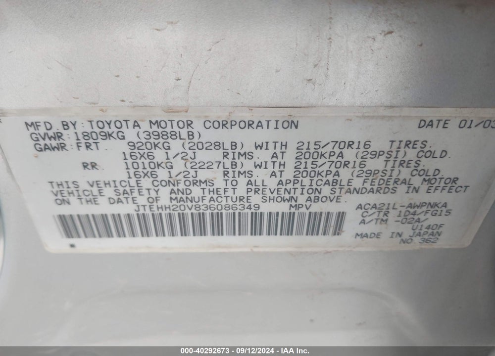 2003 TOYOTA RAV4 VIN: JTEHH20V836086349