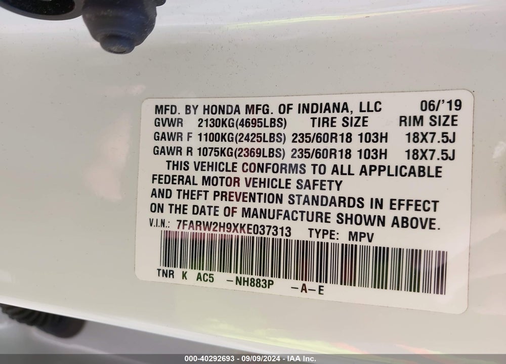 2019 HONDA CR-V TOURING VIN: 7FARW2H9XKE037313