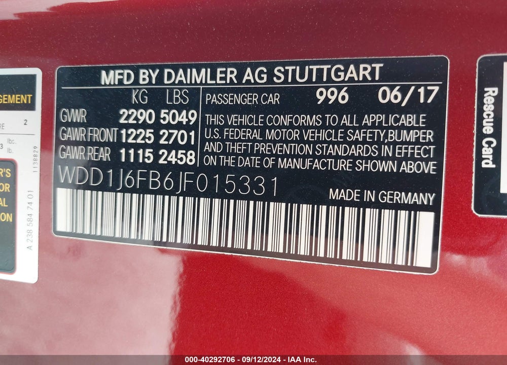 2018 MERCEDES-BENZ E 400 VIN: WDD1J6FB6JF015331