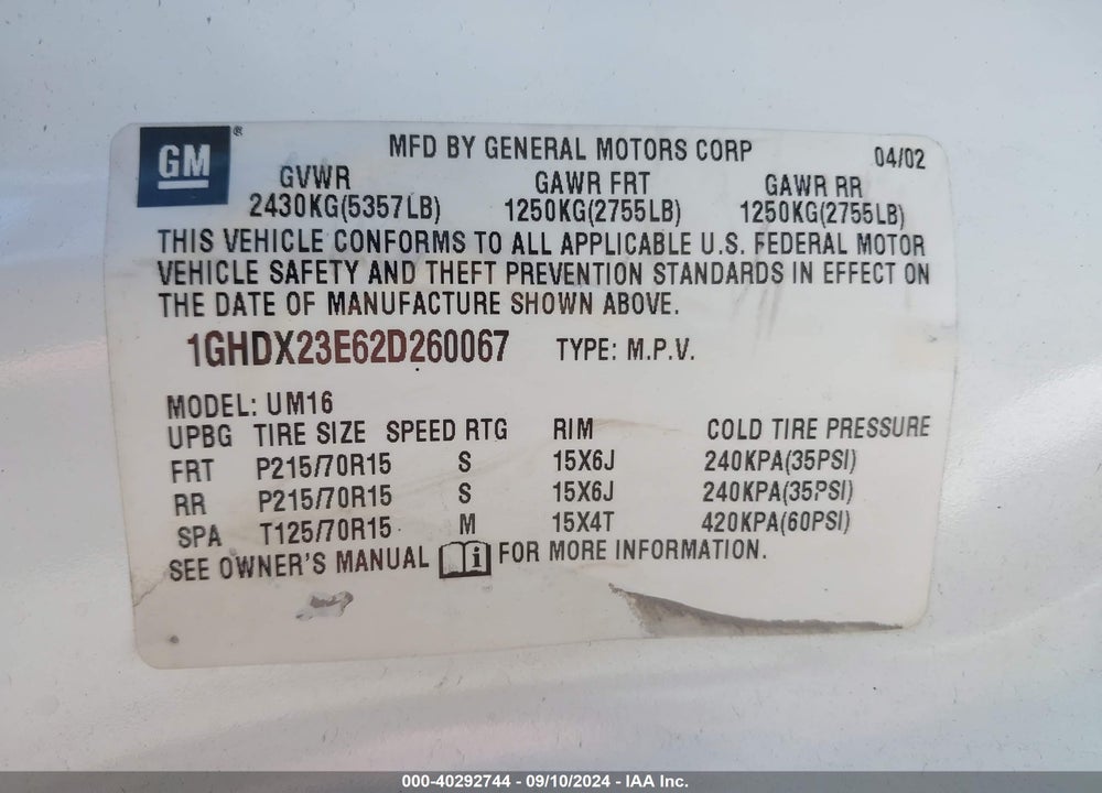 2002 OLDSMOBILE SILHOUETTE GL VIN: 1GHDX23E62D260067