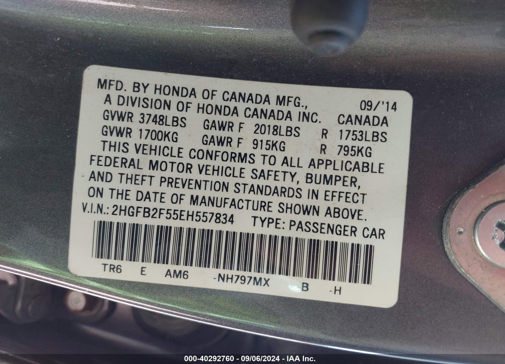2014 HONDA CIVIC LX VIN: 2HGFB2F55EH557834