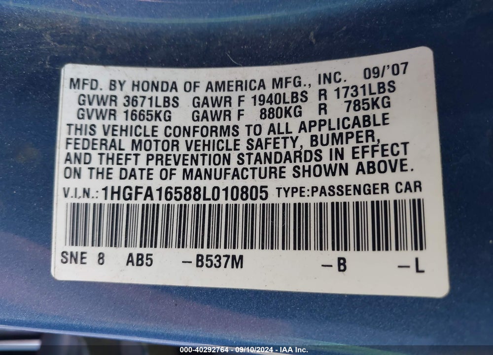 2008 HONDA CIVIC LX VIN: 1HGFA16588L010805