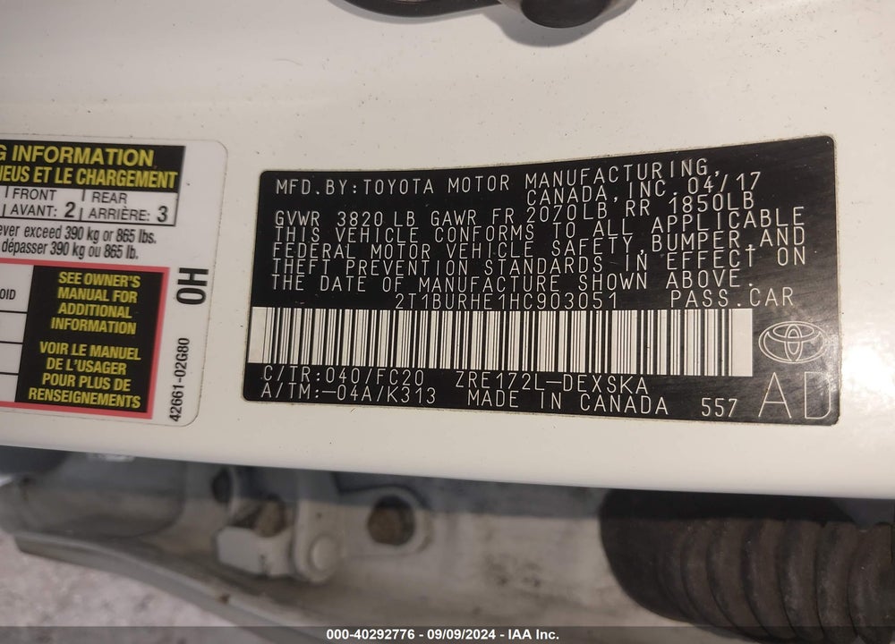 2017 TOYOTA COROLLA SE VIN: 2T1BURHE1HC903051