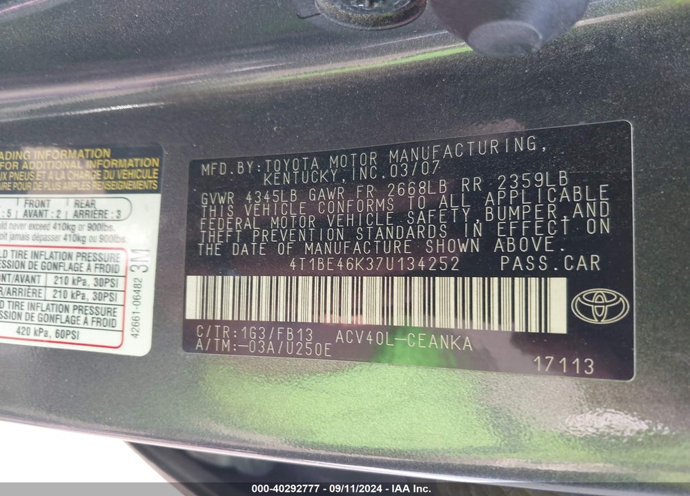 2007 TOYOTA CAMRY LE VIN: 4T1BE46K37U134252