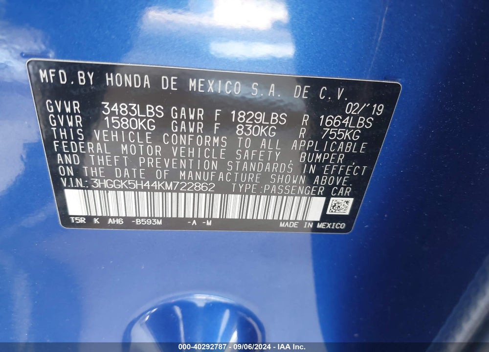 2019 HONDA FIT LX VIN: 3HGGK5H44KM722862