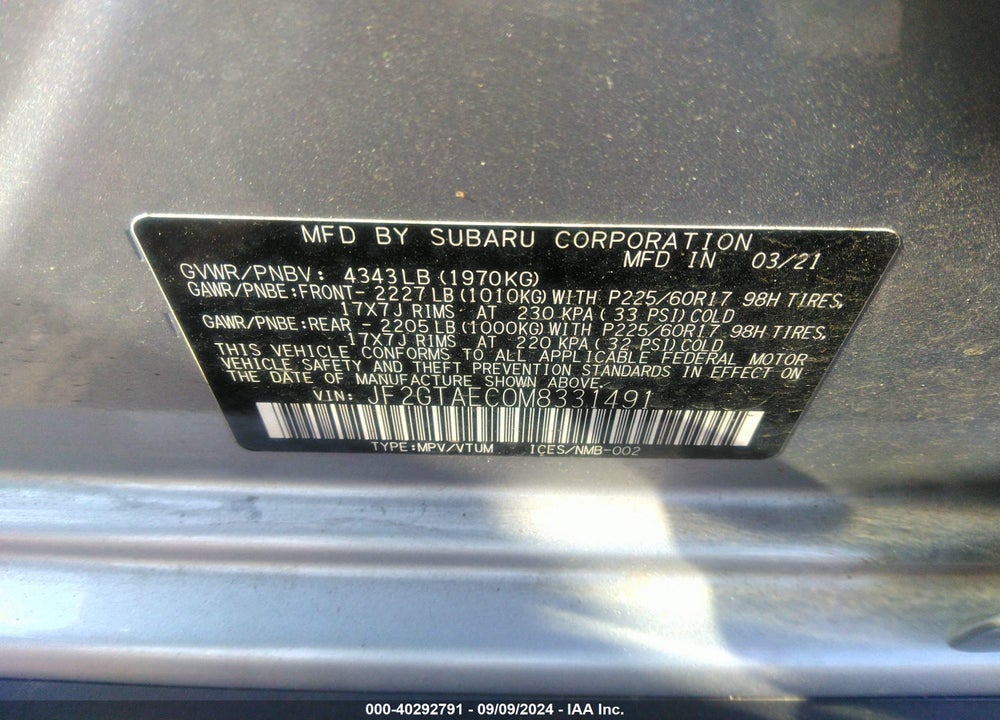 2021 SUBARU CROSSTREK PREMIUM VIN: JF2GTAEC0M8331491
