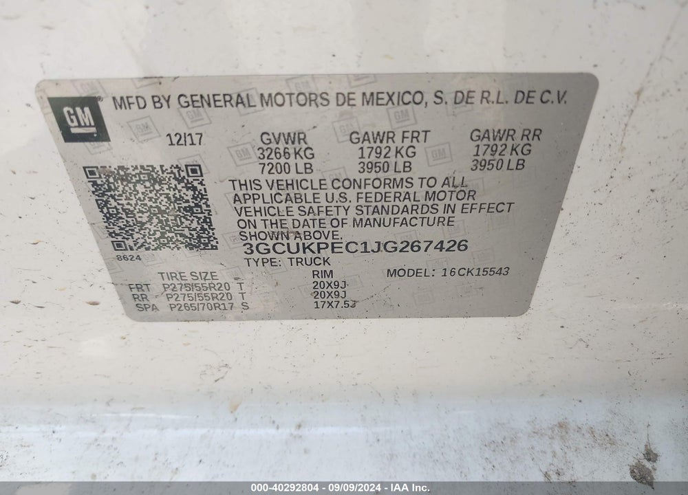 2018 CHEVROLET SILVERADO 1500 CUSTOM VIN: 3GCUKPEC1JG267426