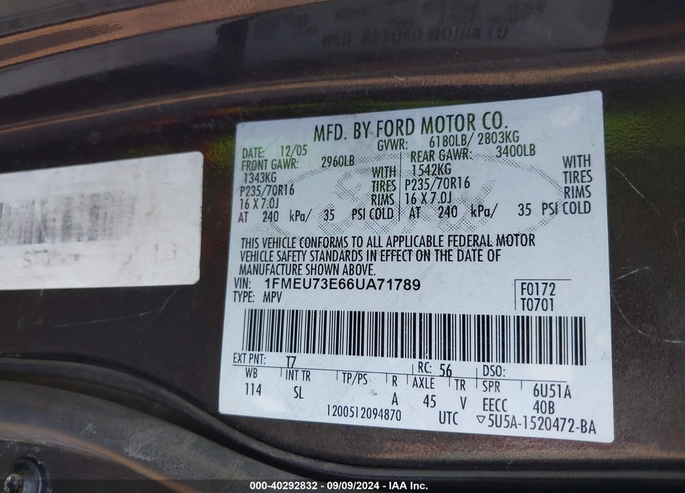 2006 FORD EXPLORER XLT VIN: 1FMEU73E66UA71789