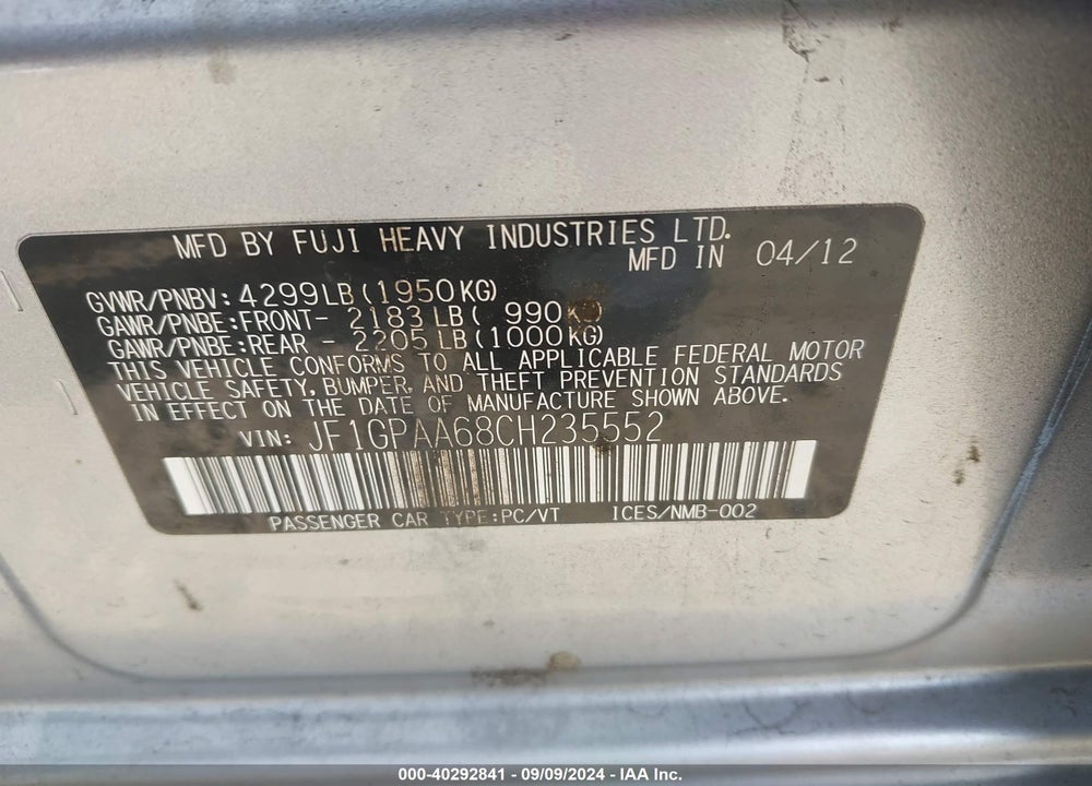 2012 SUBARU IMPREZA 2.0I VIN: JF1GPAA68CH235552