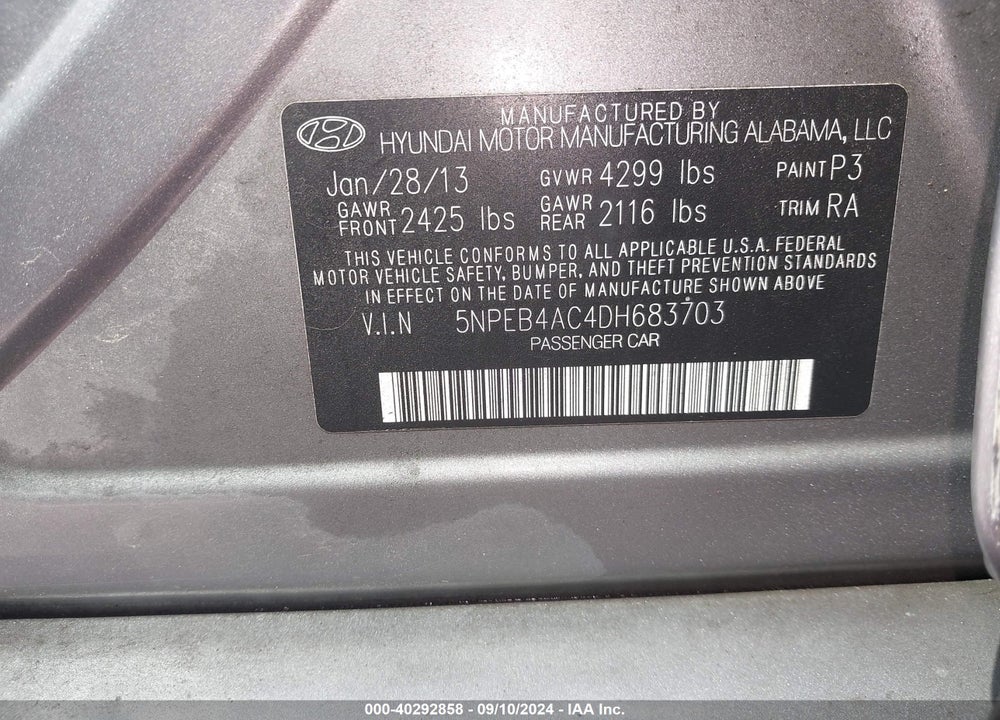 2013 HYUNDAI SONATA GLS VIN: 5NPEB4AC4DH683703
