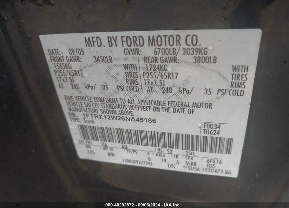 2006 FORD F-150 STX/XL/XLT VIN: 1FTRX12W26NA45186