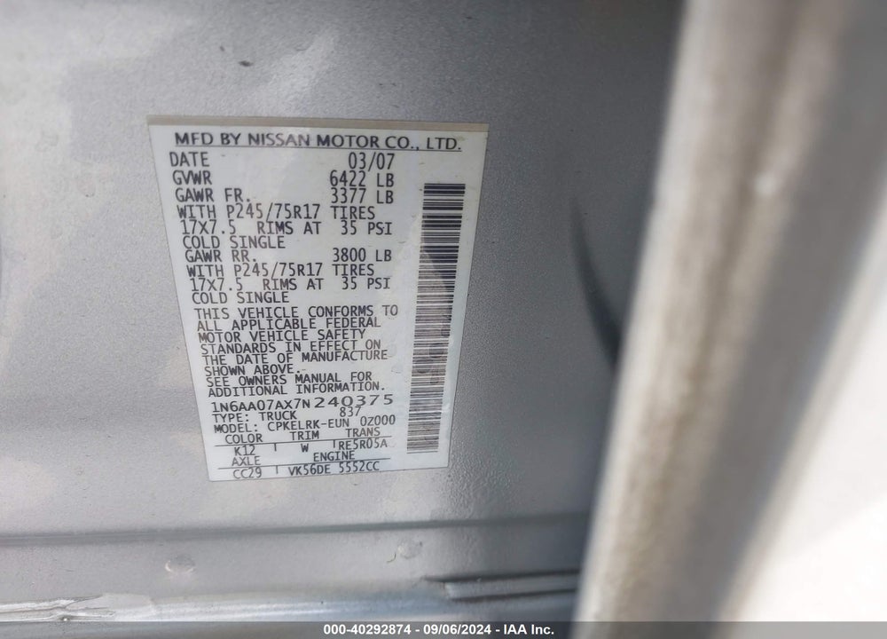 2007 NISSAN TITAN LE/SE/XE VIN: 1N6AA07AX7N240375