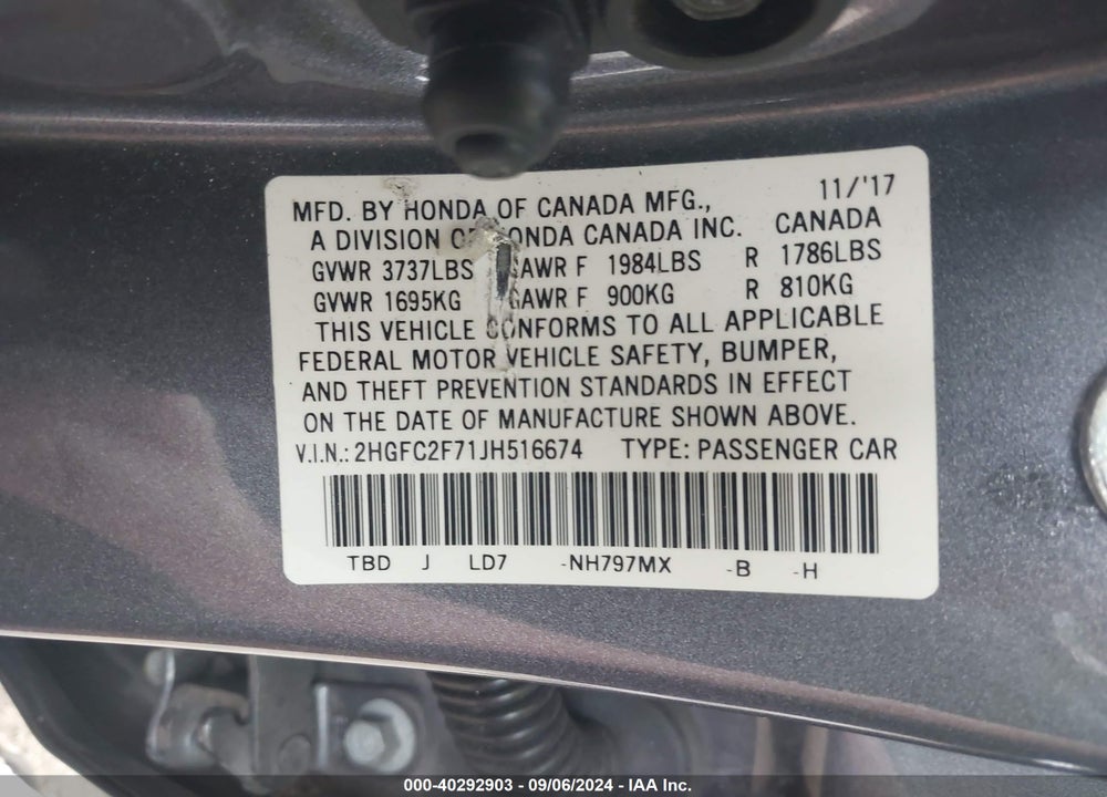 2018 HONDA CIVIC EX VIN: 2HGFC2F71JH516674