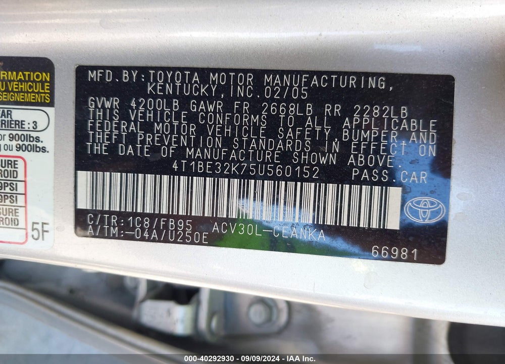2005 TOYOTA CAMRY LE VIN: 4T1BE32K75U560152
